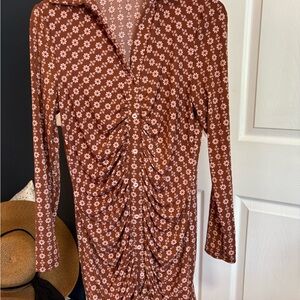 Elegant Brown Floral Long Sleeve Dress